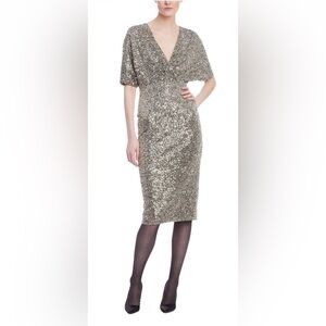 Badgley Mischka Sequin Cocktail Dress Gunmetal Size 10 v-neck Midi Glam NWT